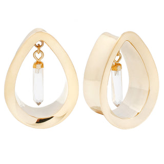 Divine Plugs - Crystal Quartz Drop + Yellow Gold Plated Plugs Buddha Jewelry 1"