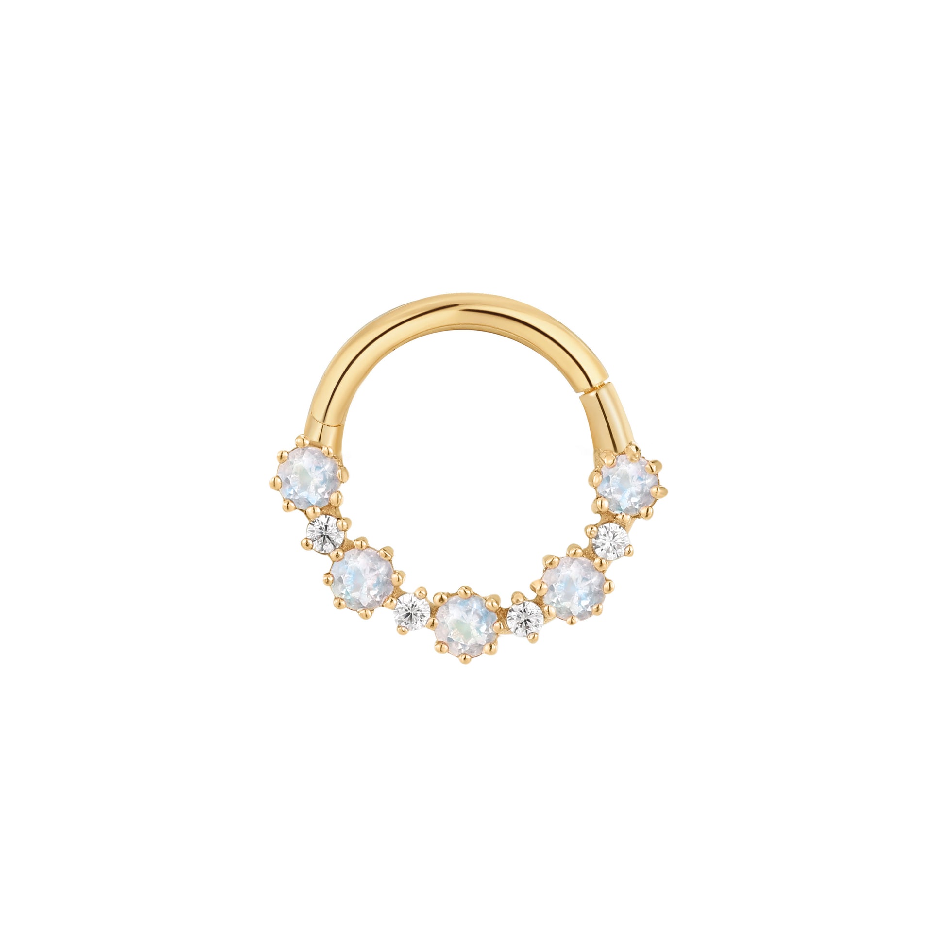 Ariana Clicker with Rainbow Moonstone Clickers Buddha Jewelry 14k Yellow Gold 16g 5/16" (8mm)