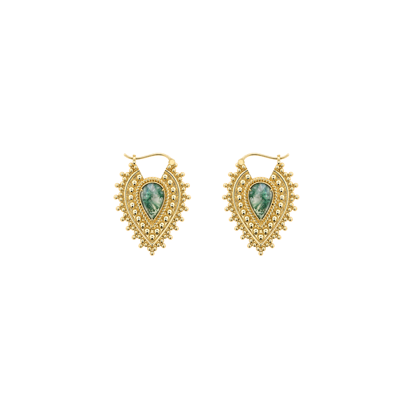 Nostalgia Gold Plated Earrings with Moss Agate Metal Hanging Earrings Buddha Jewelry