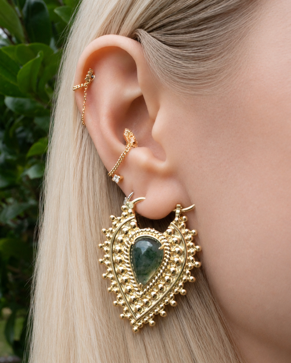 Nostalgia Gold Plated Earrings with Moss Agate Metal Hanging Earrings Buddha Jewelry