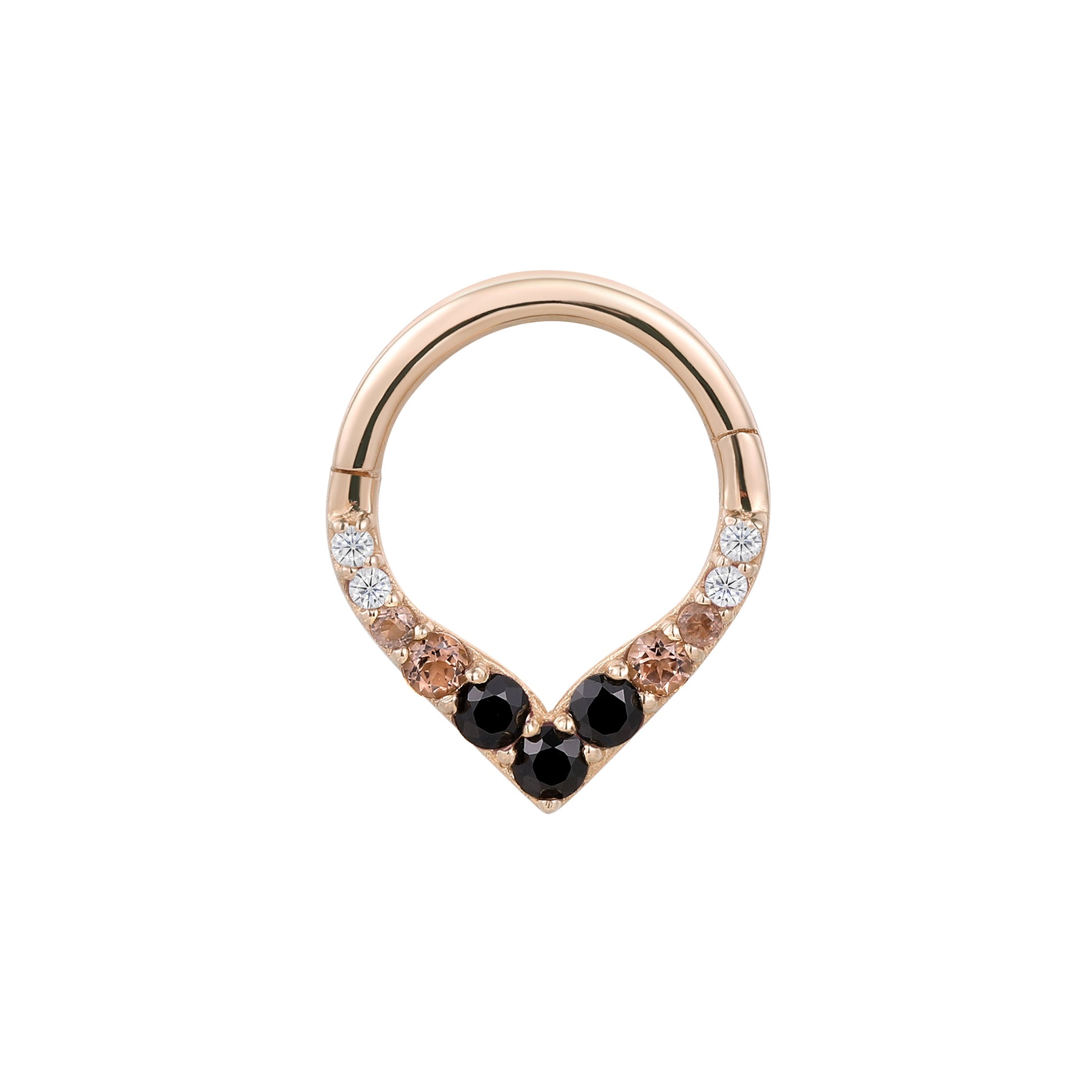 Rise + Shine Clicker with Smoky Quartz + Black Spinel Ombre Clickers Buddha Jewelry 14k Rose Gold