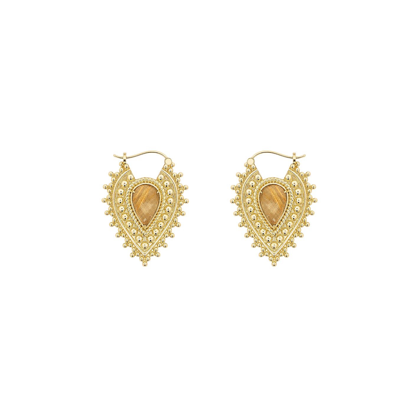 Nostalgia Gold Plated Earrings with Rutilated Quartz Metal Hanging Earrings Buddha Jewelry