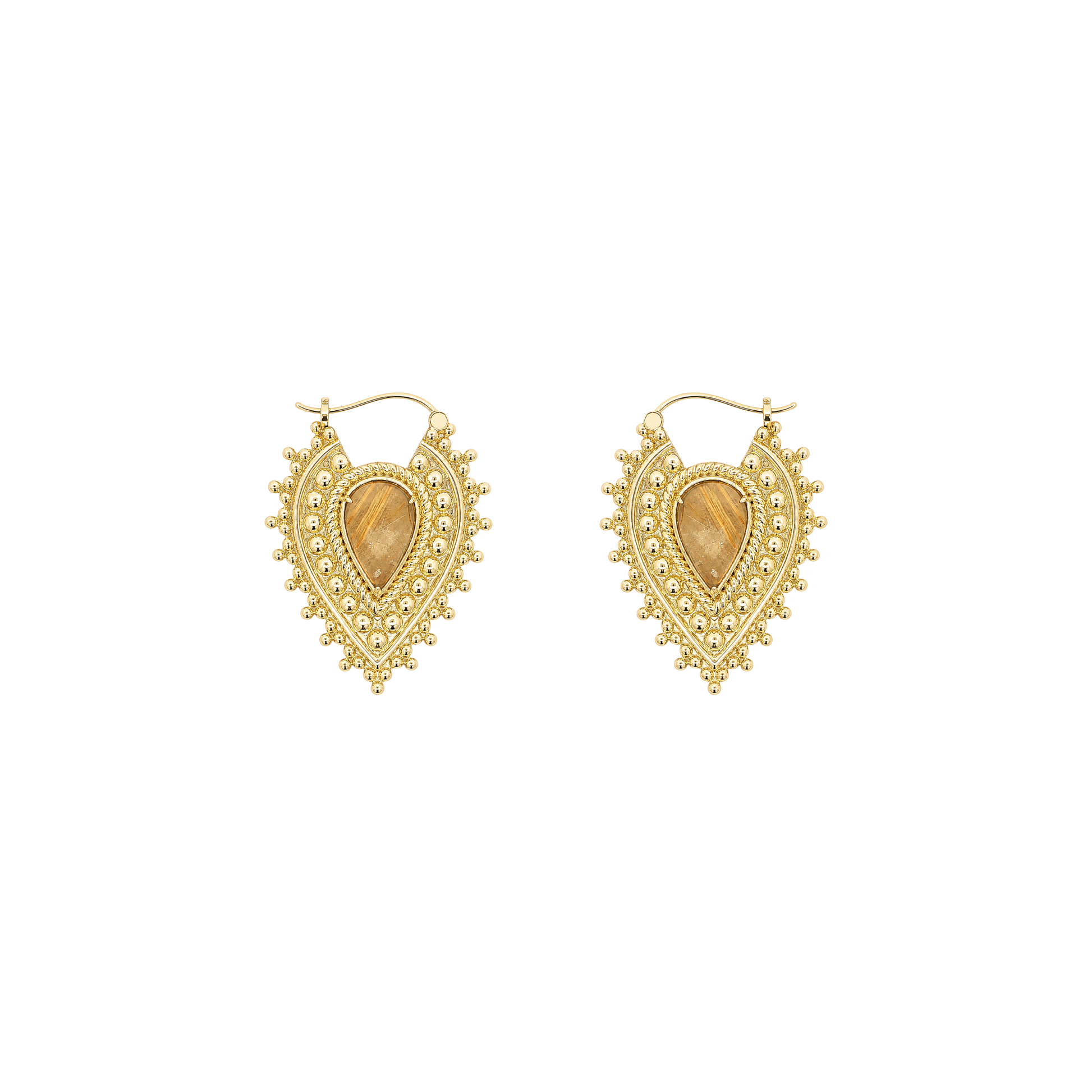 Nostalgia Gold Plated Earrings with Rutilated Quartz Metal Hanging Earrings Buddha Jewelry