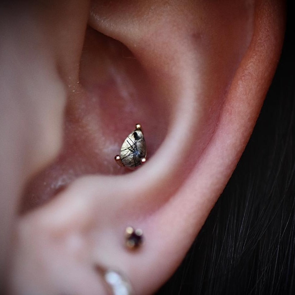 Prong Pear Threadless End with Tourmalinated Quartz Threadless Ends Buddha Jewelry