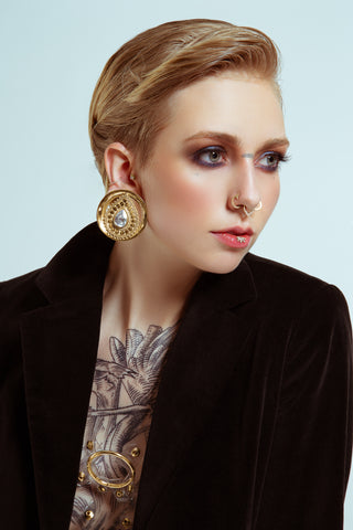 Deity Round Plugs - Yellow Gold Plated Plugs Buddha Jewelry
