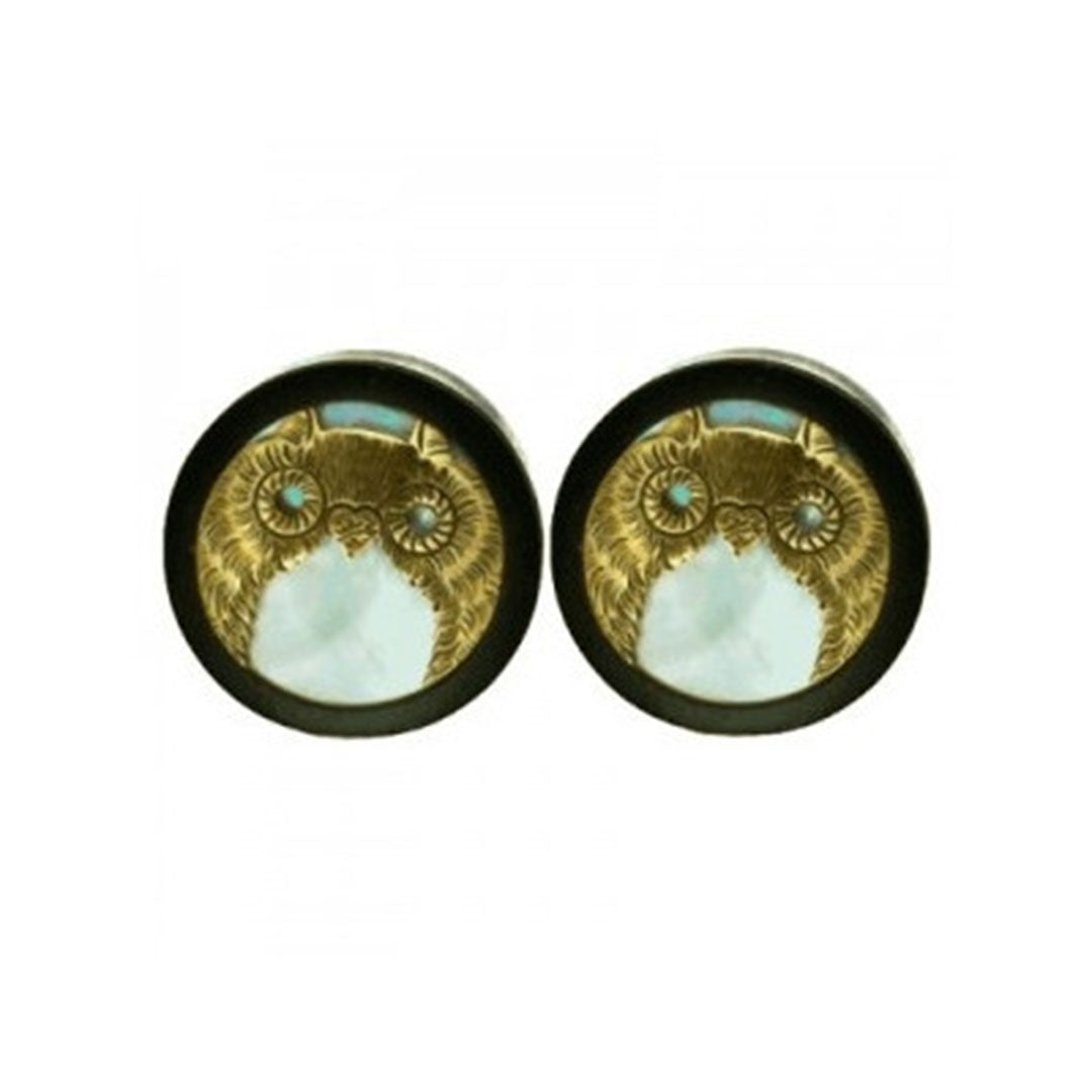 Owl Plugs - Brass + Mother of Pearl Plugs Buddha Jewelry   